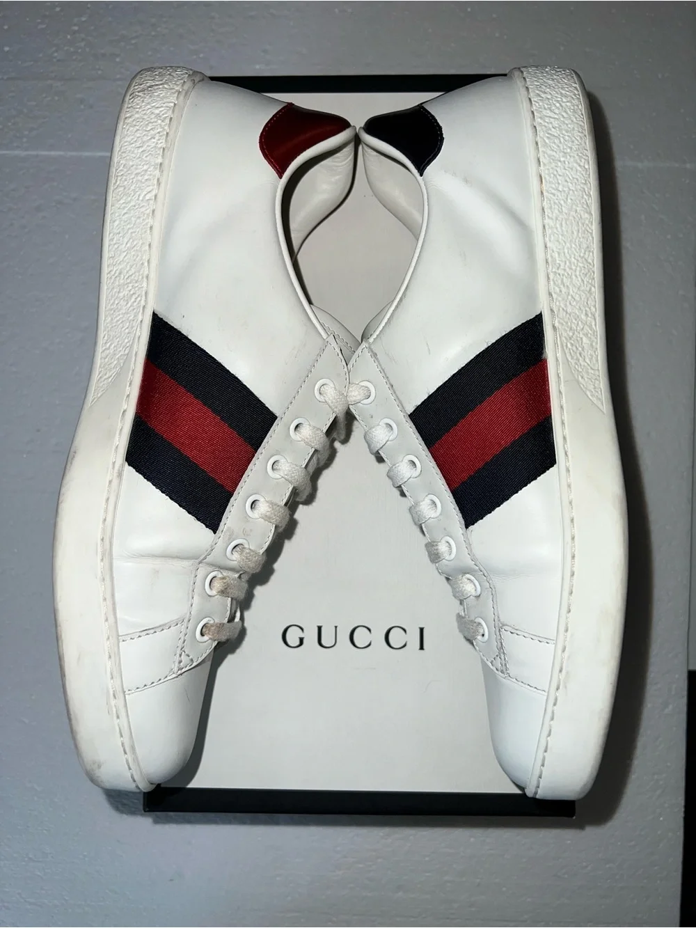 Gucci White Leather 'LOVED' Embroidered Sneakers with Red & Blue Web